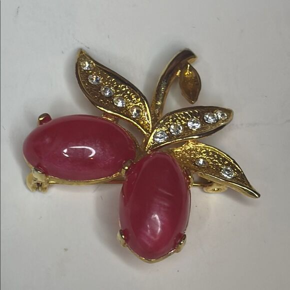 Gold tone and Red Acrylic Berry Brooch with Rhinestone Leaf Accents - Picture 1 of 5
